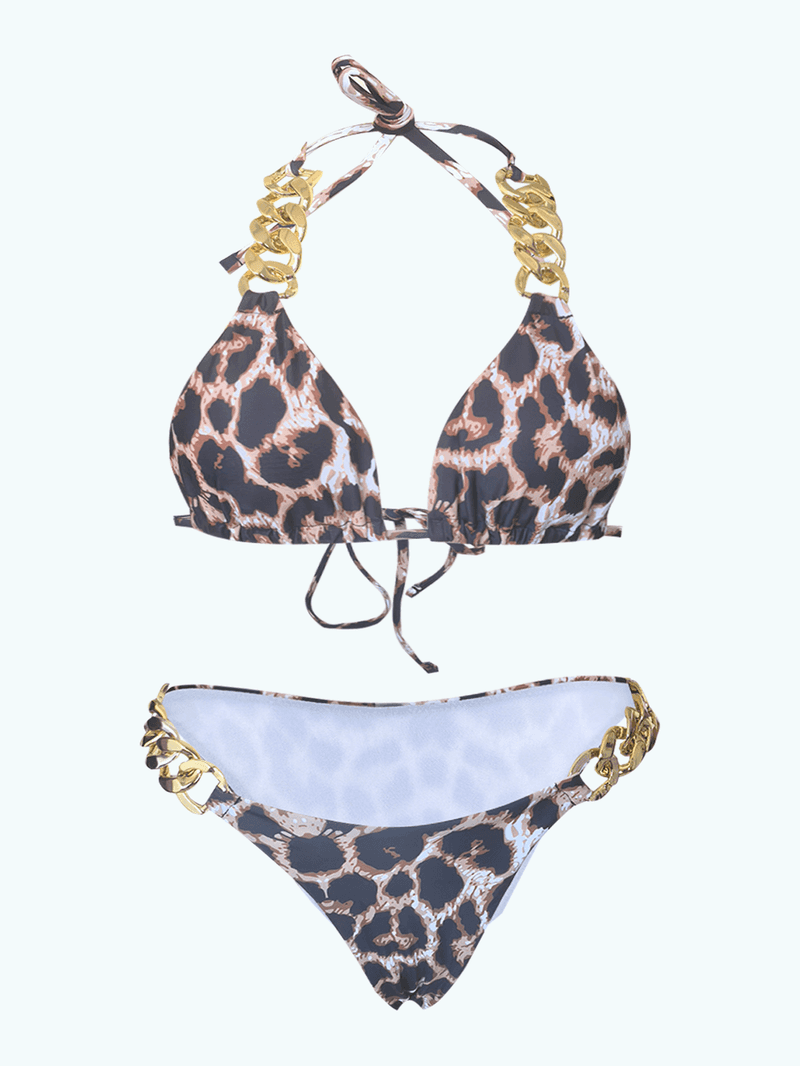 Maillot de bain femme bikini à imprimé léopard à chaîne en or triangulaire sexy