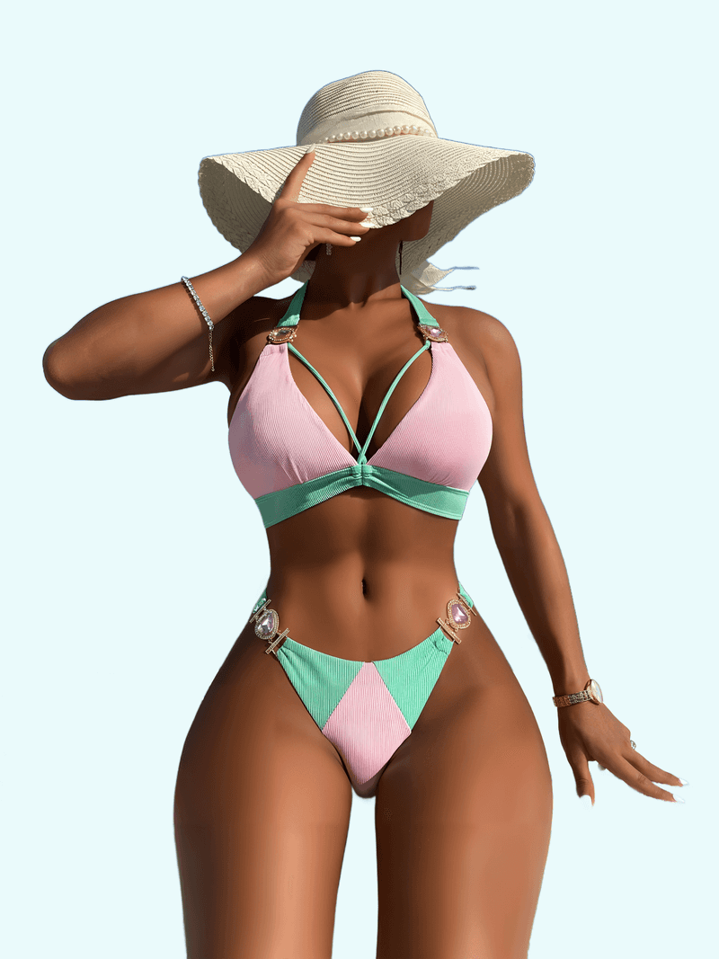 Bikini à taille haute avec des bandes de nids-de-poule