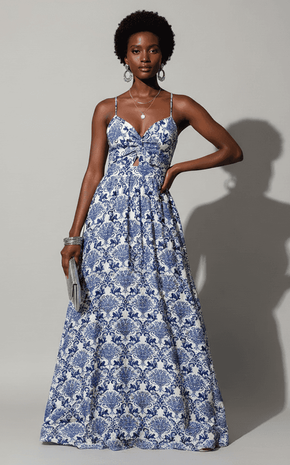 Robe maxi noire haute-basse imprimé tropical bustier pour tenues de villégiature de soirée avec fente latérale