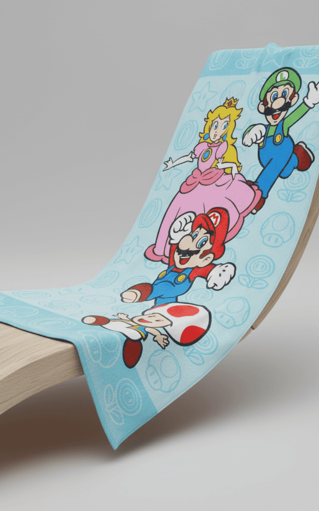 Serviette de plage bleu vif à imprimé de personnages Super Mario avec personnages de jeux Nintendo