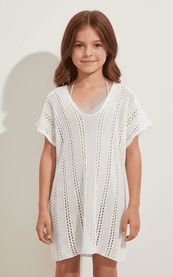 Tunique de natation en coton tricoté ajouré blanc pour filles avec design col V