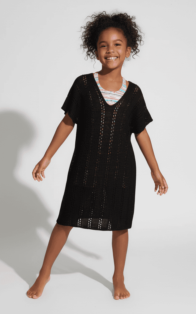 Robe de plage crochet noire pour filles avec garniture colorée et manches courtes