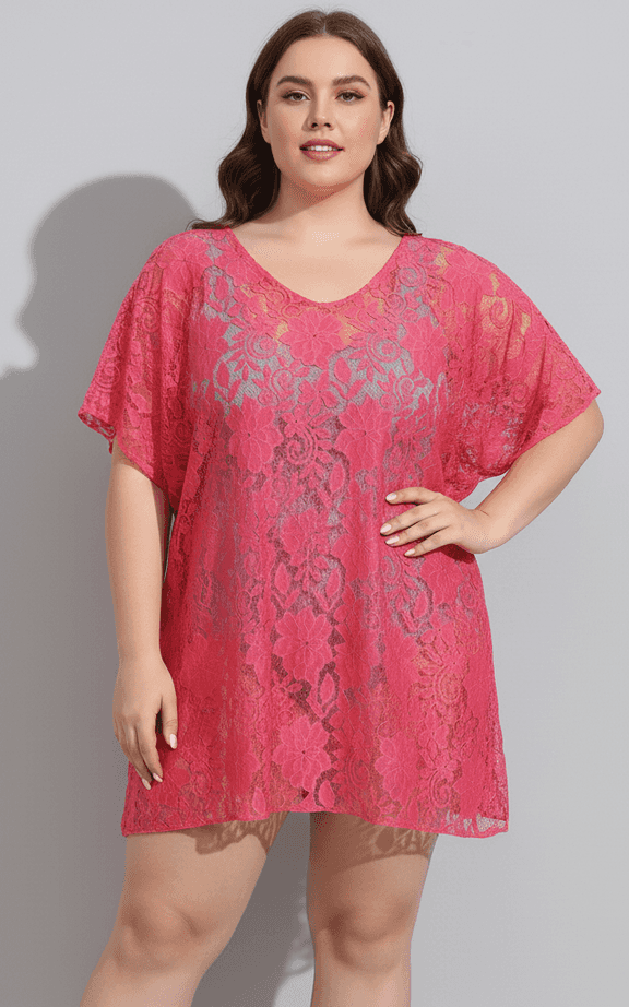 Tunique caftan dentelle florale rose vif grandes tailles avec manches drapées pour paréo de plage