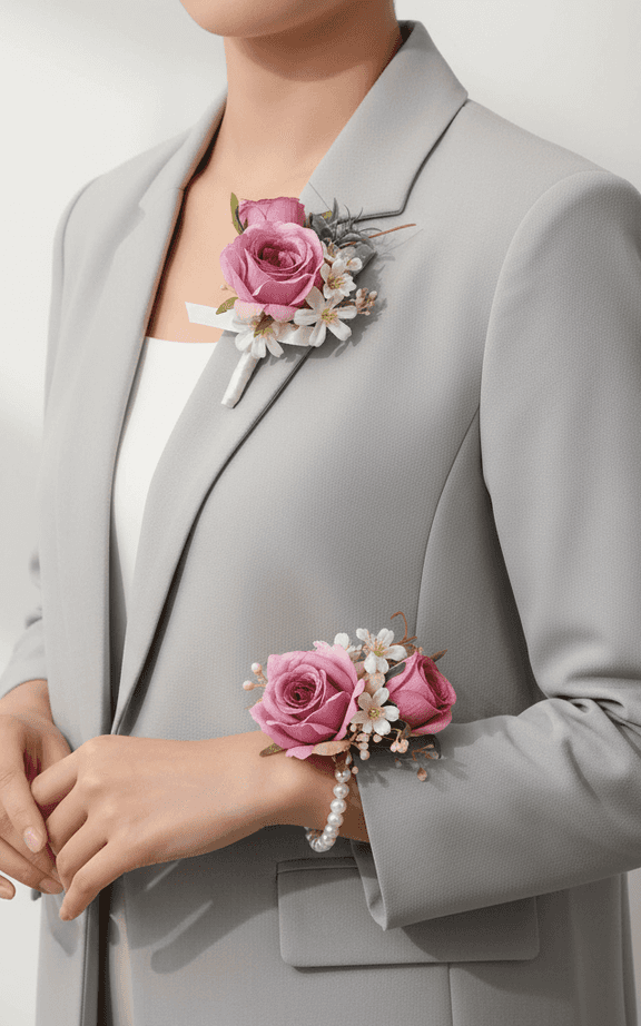 Ensemble classique corsage et boutonnière rose blanche de mariage avec ruban argenté et accents de baies dorées