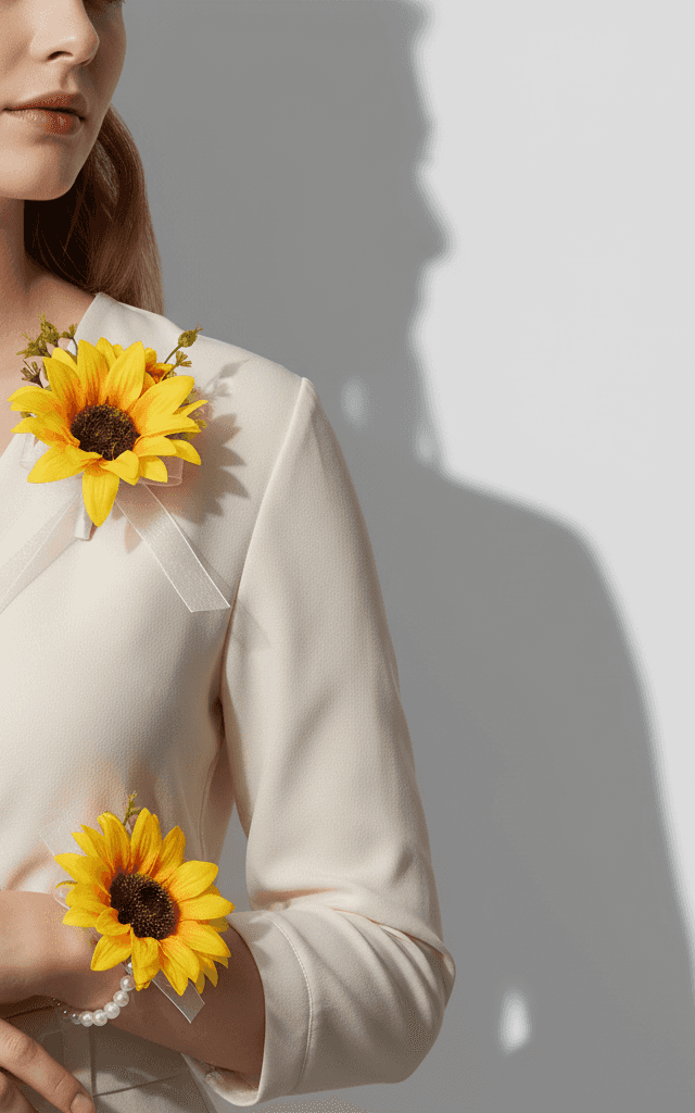 Ensemble vibrant corsage et boutonnière tournesol avec bracelet de perles et ruban blanc transparent