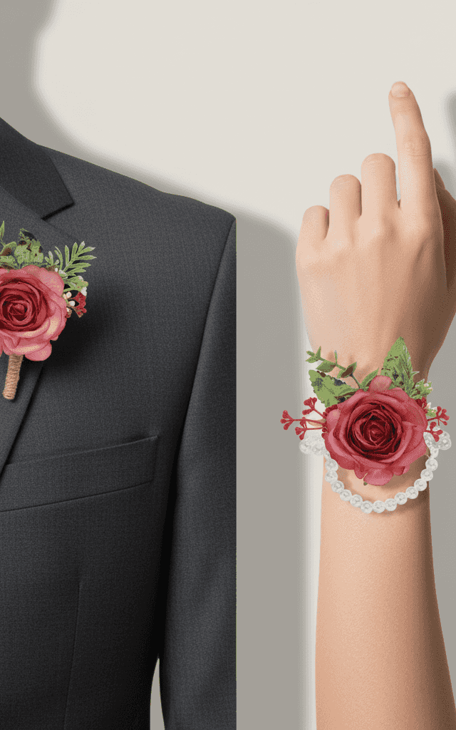 Ensemble corsage rose rose poussiéreuse avec bracelet de perles et fleurs de remplissage blanches pour occasions romantiques