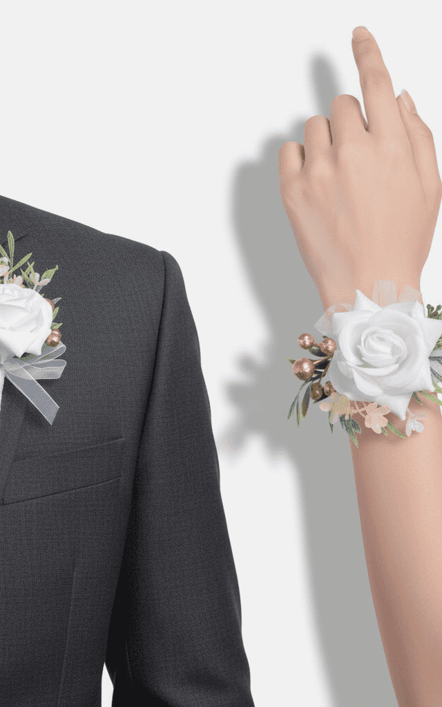 Duo corsage rose et œillet bleu poussiéreux avec ruban de satin pour mariages contemporains modernes