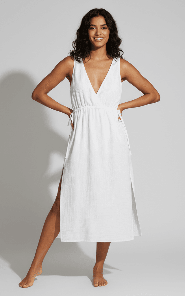 Paréos de Plage robe midi blanche à col en V avec fentes latérales et texture froissée