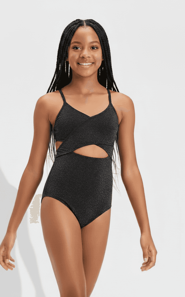 Maillot Une Pièce pour Filles Design noir brillant à découpe pour préadolescentes.