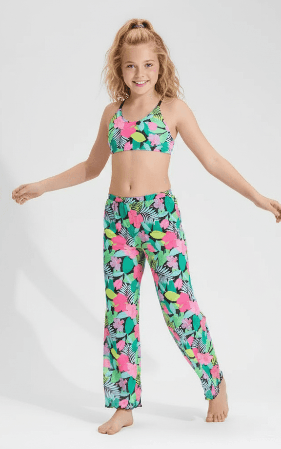 Ensemble de Natation pour Filles Top crop à imprimé tropical et pantalon de plage assorti pour couvrir.