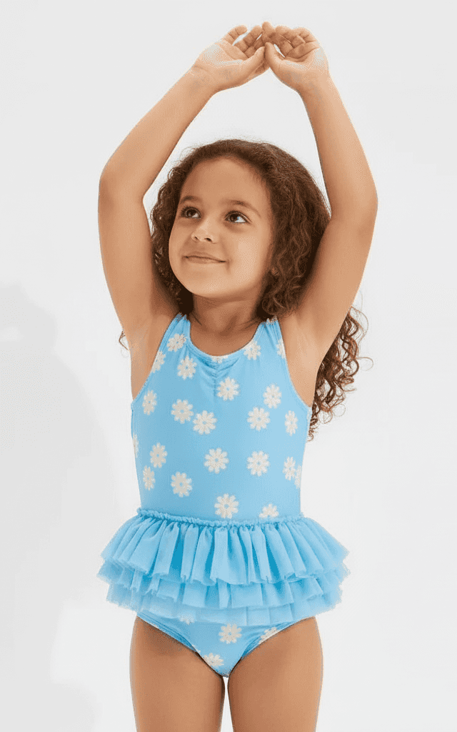 Maillot Une Pièce pour Petites Filles Imprimé marguerite bleu clair avec jupe tutu à volants étagés.