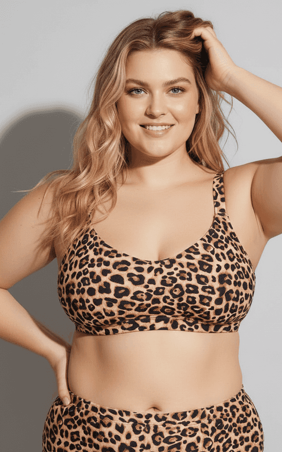 Ensemble Maillot de Bain Grande Taille Haut Soutien-Gorge Confort Encolure Ronde Imprimé Léopard et Bas Taille Haute.