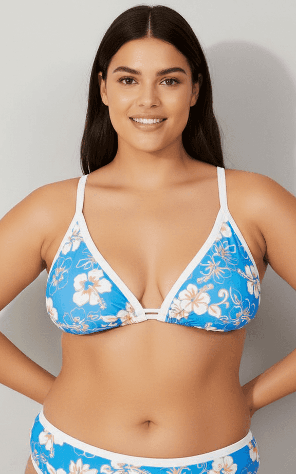 Ensemble Maillot de Bain Grande Taille Haut Triangle Décolleté en V Imprimé Hibiscus Tropical Bleu et Bas Bordure Contrastante.