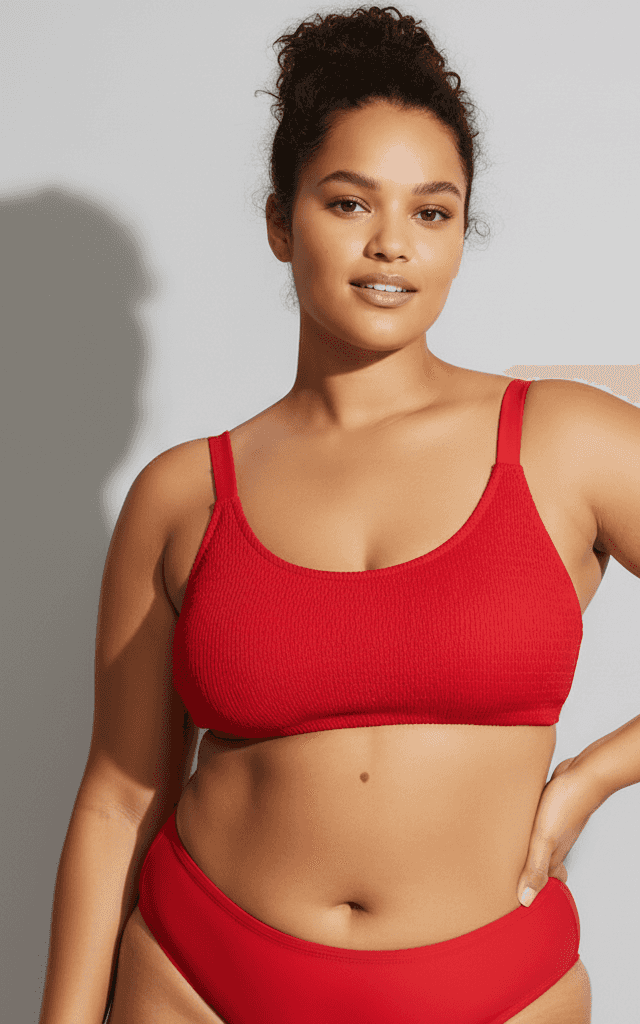 Ensemble Maillot de Bain Grande Taille Haut Encolure Ronde Texturé Rouge Feu et Bas Échancré Coupe Haute.