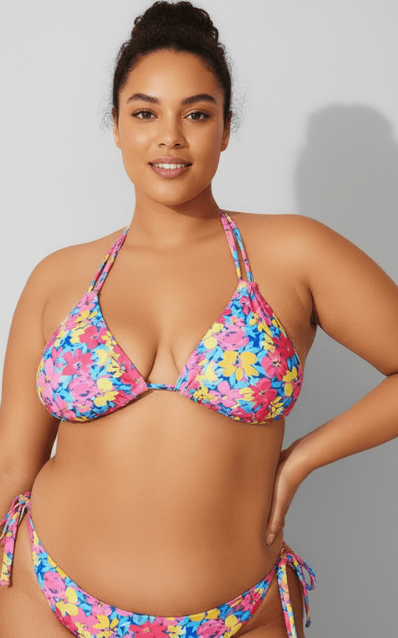 Ensemble Maillot de Bain Grande Taille Haut Triangle Halter String Fleuri Néon et Bas Nœud Latéral Ajustable Assorti.