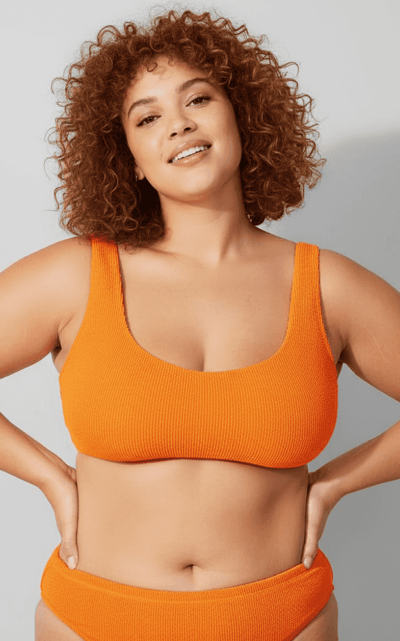 Ensemble Maillot de Bain Grande Taille Haut Encolure Ronde Côtelé Orange Bretelle Large et Bas de Bikini Couverture Complète.