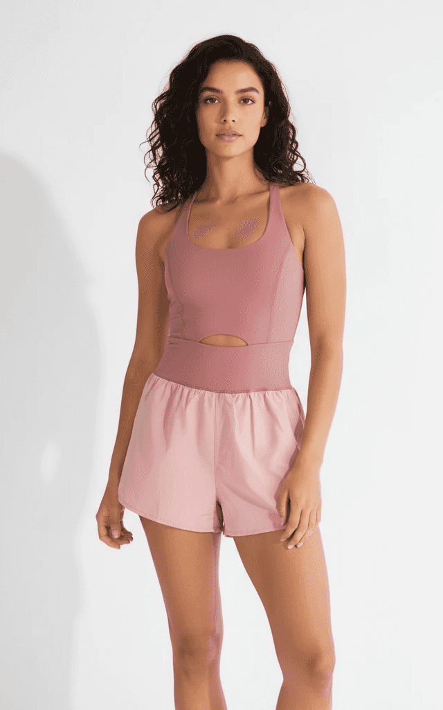Combinaison rose poudré avec shorts contrastés et découpe à la taille pour vêtements sportifs décontractés