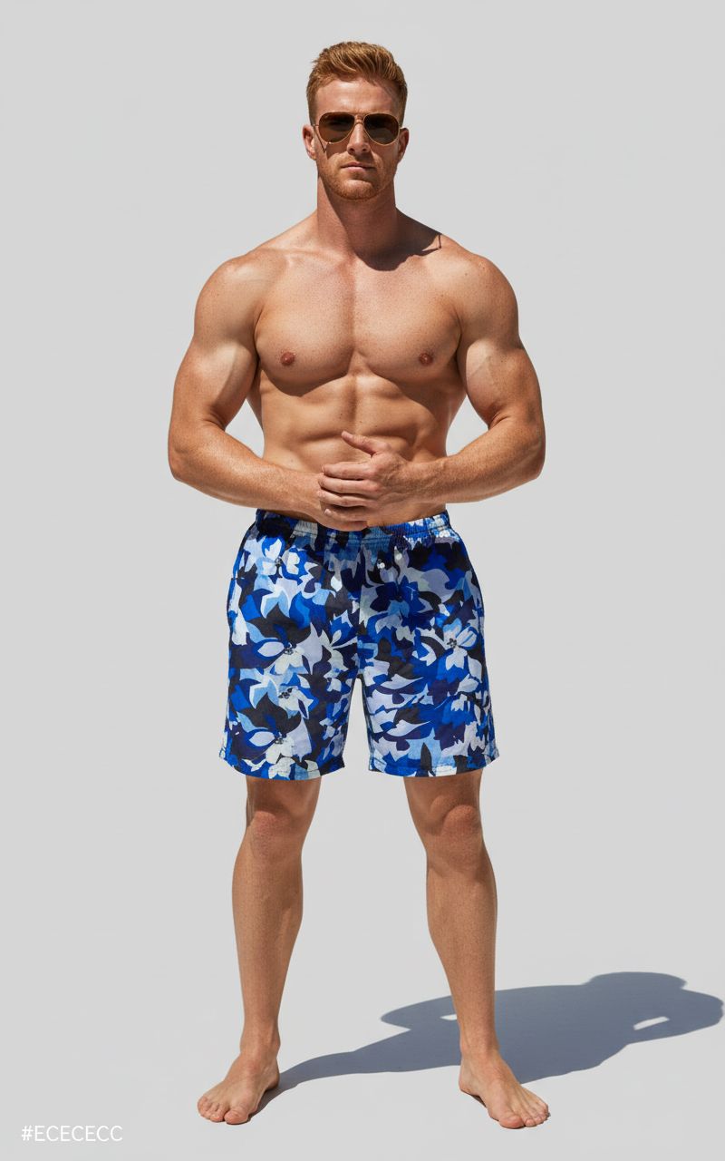 Short de bain à bronzage pénétrant pour homme avec motif camouflage floral bleu.
