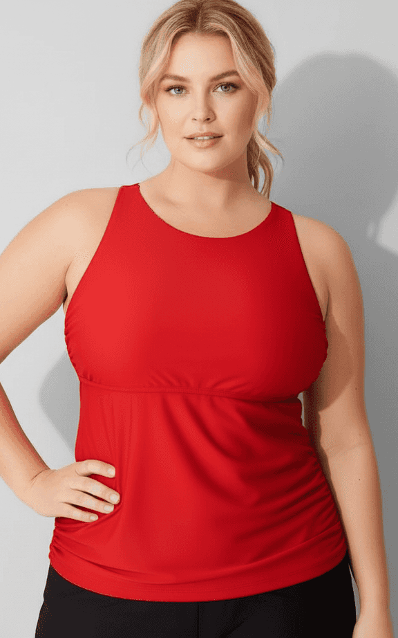 Ensemble de Maillot de Bain Tankini en rouge audacieux, conçu avec col rond et haut dos nageur athlétique pour sécurité et mouvement maximums.