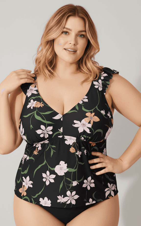 Ensemble de Maillot de Bain Tankini en imprimé floral noir et rose, avec haut décolleté en V avec mignons détails volant sur les épaules.