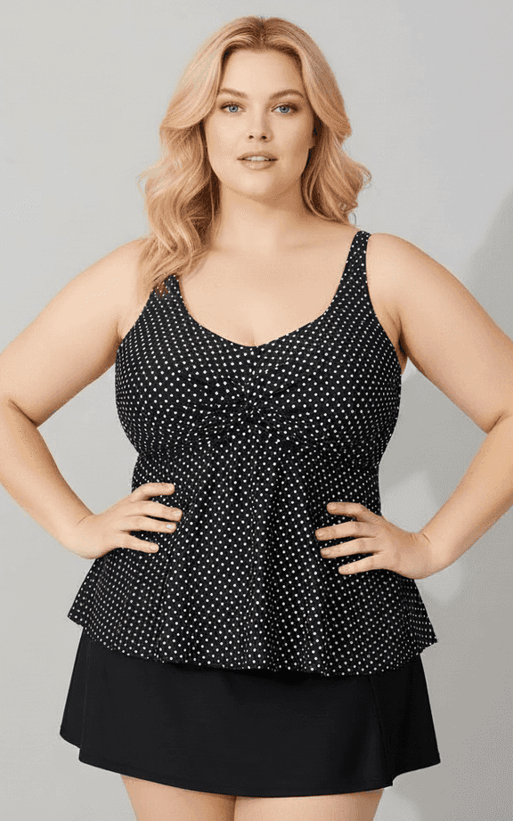 Ensemble de Maillot de Bain Tankini en imprimé pois classique avec haut froncé de support et jupe de bain noir taille haute attachée.
