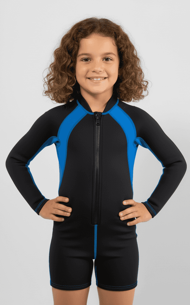 Combinaison shorty pour enfants, noire et bleue manches longues avec fermeture éclair avant, pour natation et jeu plage
